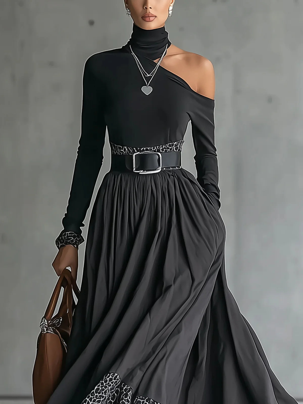 Black off-the-shoulder turtleneck dress with leopard print trim (including belt)