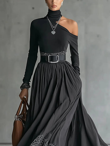Black off-the-shoulder turtleneck dress with leopard print trim (including belt)