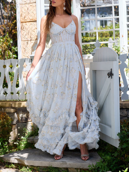 Floral Frill Split Maxi Dress