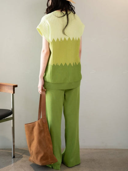 Contrast color crew neck sweater wide leg pants suit
