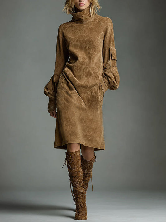 Loose Suede Turtleneck Pockets Midi Dress