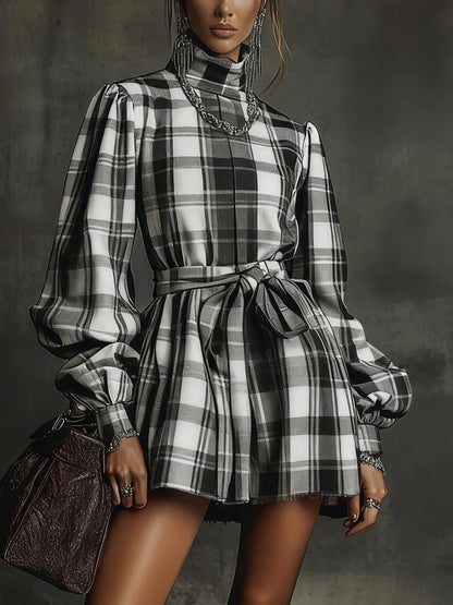 Classic Plaid Turtleneck Mini Dress