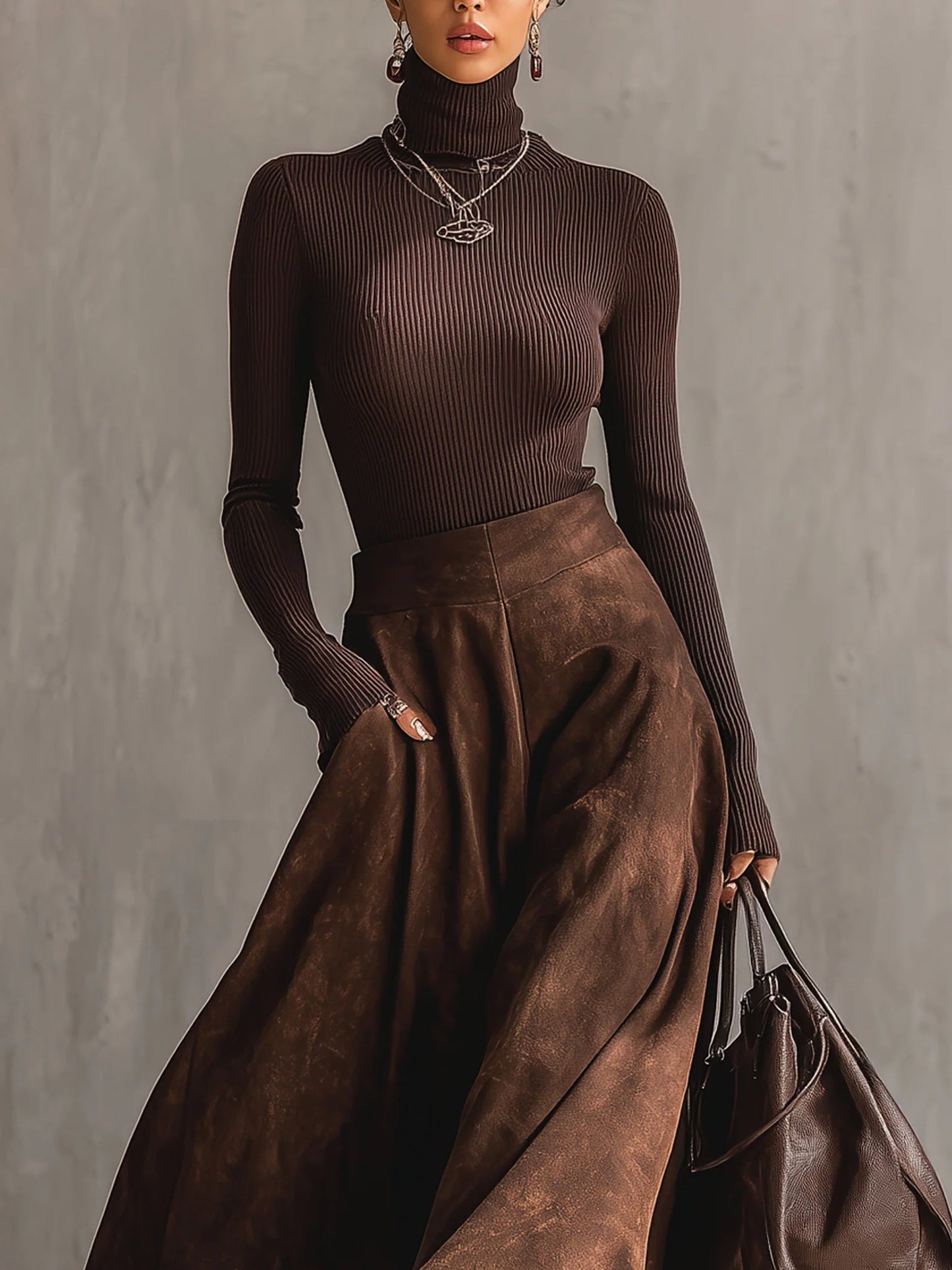 Coffee Distressed Suede Midi Skirt Set