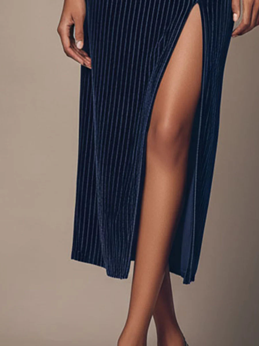 Elegant navy blue Velvet striped button-down slit set