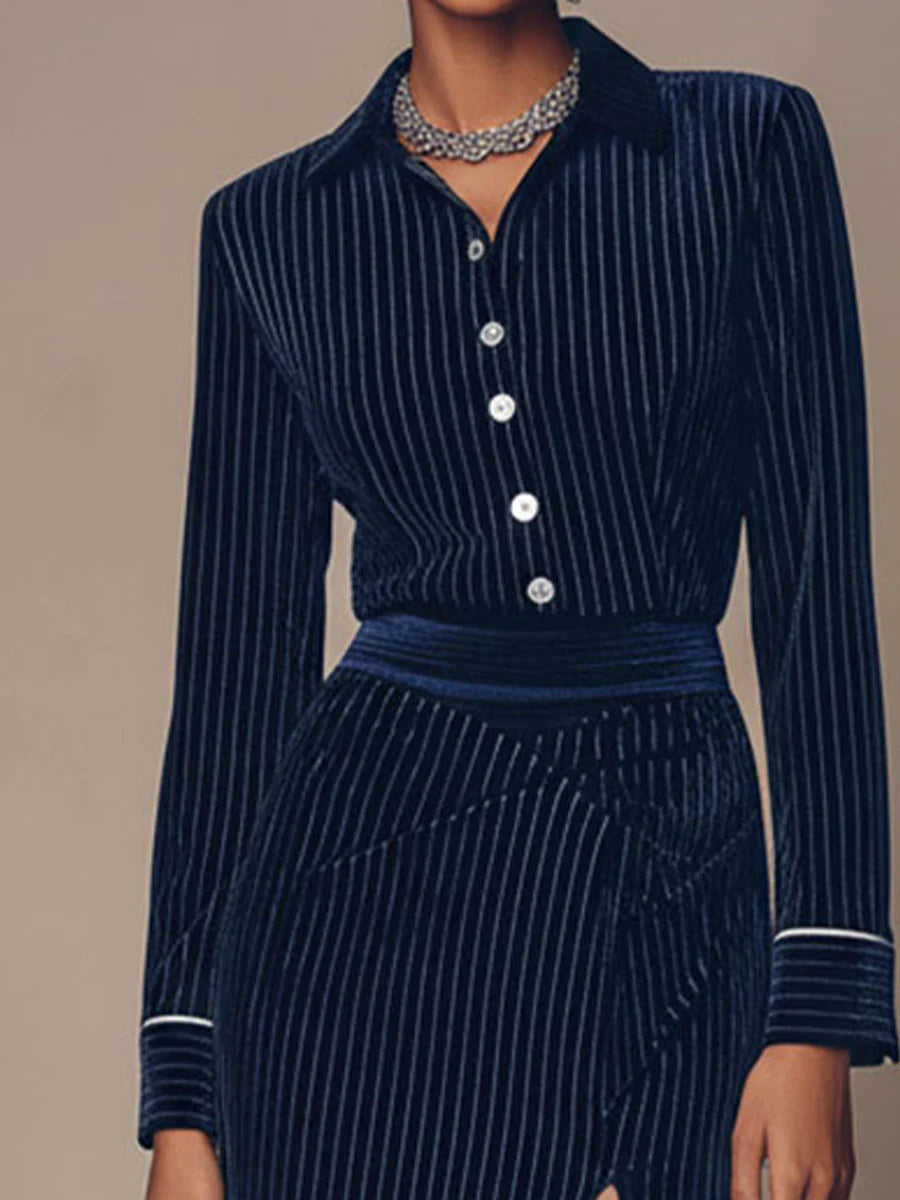 Elegant navy blue Velvet striped button-down slit set