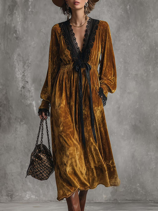 Vintage Lace V-neck Waist Tie Gold Velvet Midi Dress