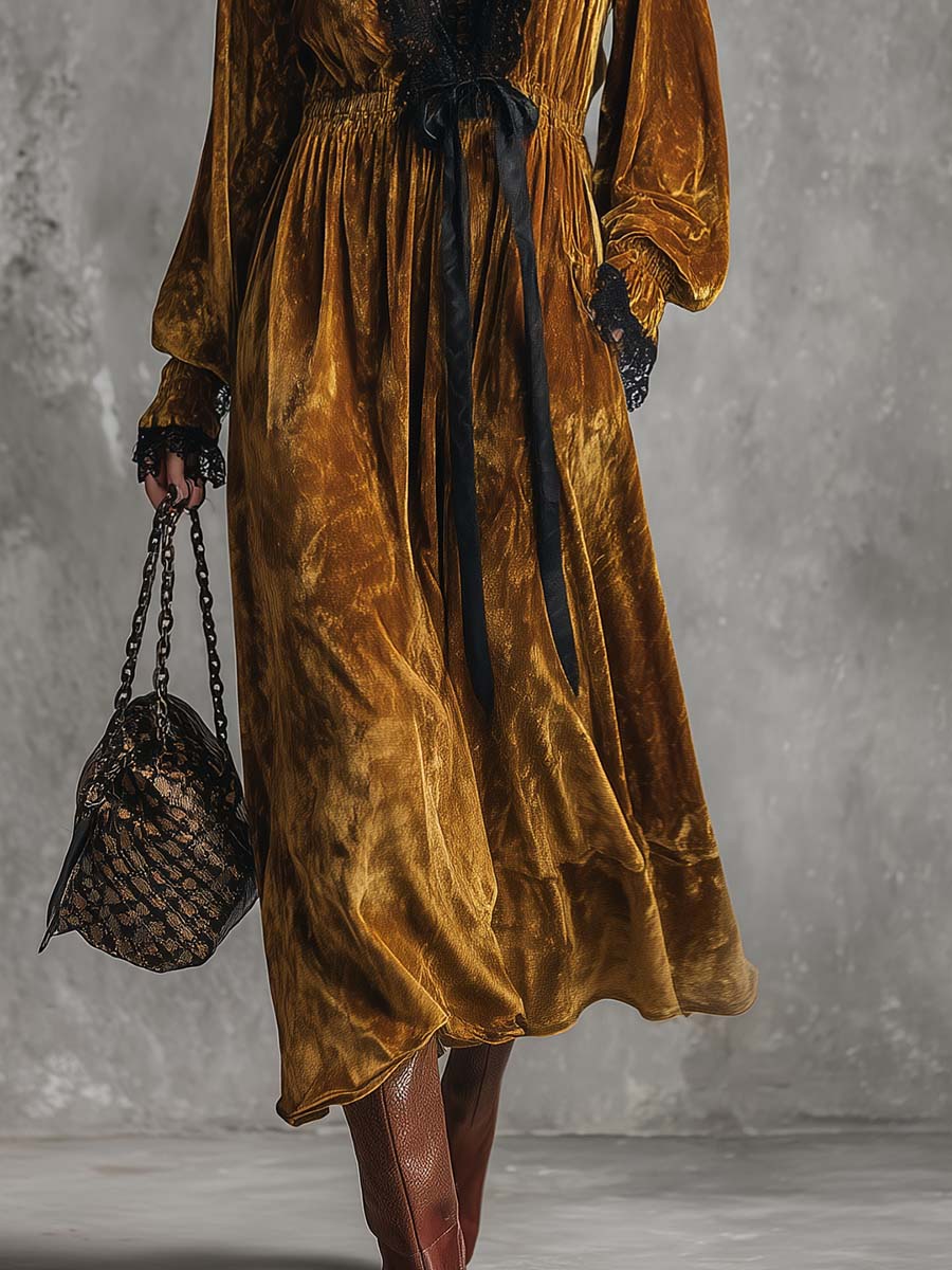 Vintage Lace V-neck Waist Tie Gold Velvet Midi Dress
