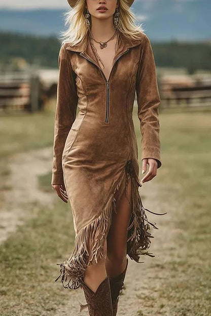 Suede Long-sleeved Irregular Tassel Hem Midi Dress