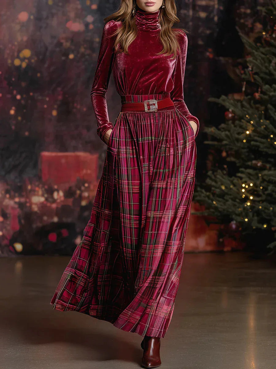 Christmas Retro Red Velvet Turtleneck Plaid Skirt Set（Includes belt） - NuaVibe