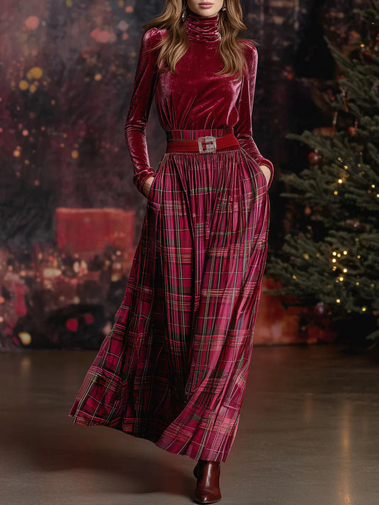 Christmas Retro Red Velvet Turtleneck Plaid Skirt Set（Includes belt）
