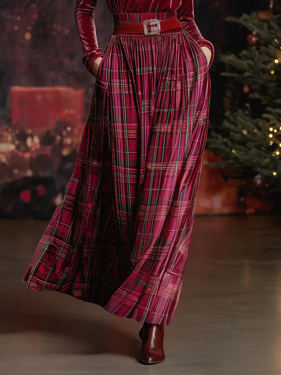 Christmas Retro Red Velvet Turtleneck Plaid Skirt Set（Includes belt） - NuaVibe