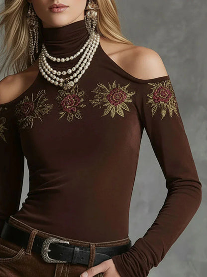 Embroidered off-the-shoulder top and suede trousers set（Includes belt） - NuaVibe