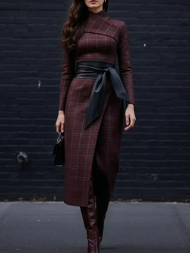 Asymmetrical Neckline Checkered Belt Dress