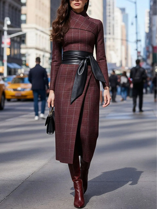 Asymmetrical Neckline Checkered Belt Dress