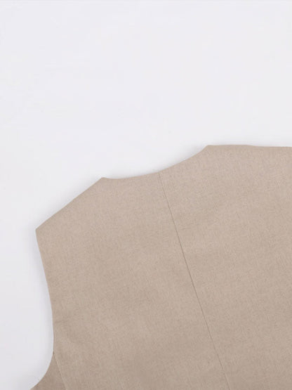 Classic V-neck Pleated Cotton and Linen Wide-leg Pants Suit