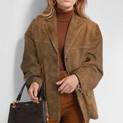 Retro Brown Faux Suede Loose-fitting Pocket Suit Jacket