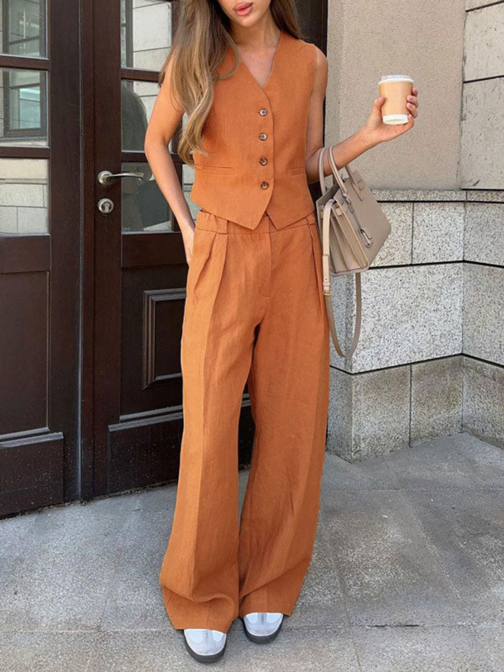 Classic V-neck Pleated Cotton and Linen Wide-leg Pants Suit
