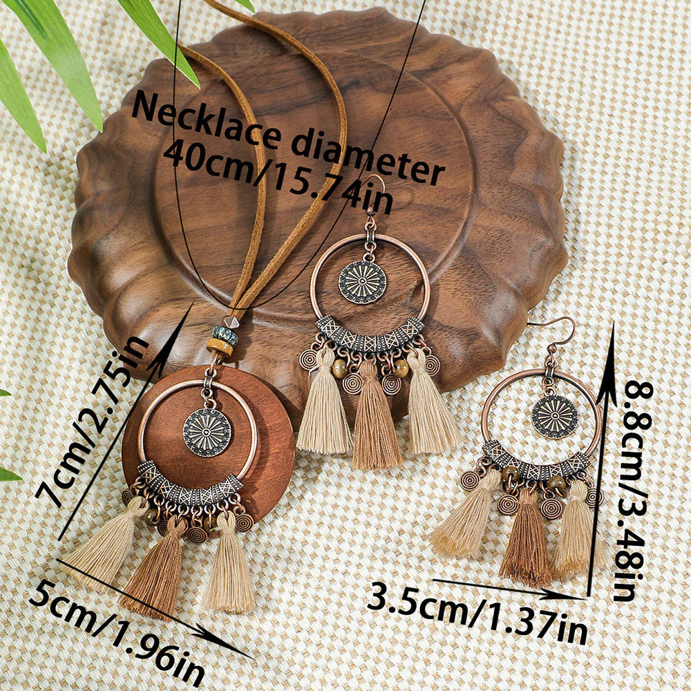 Vintage Distressed Bohemian Tassel Necklace Earrings Set