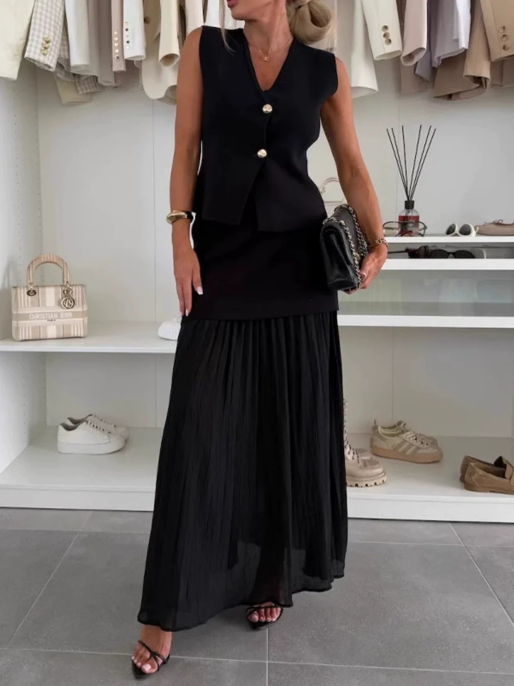 Knitted vest tulle patchwork pleated long skirt suit