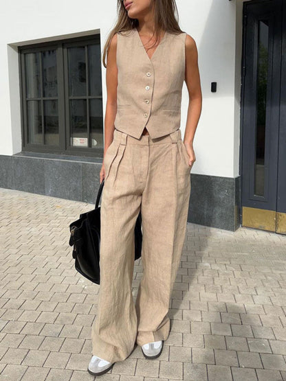 Classic V-neck Pleated Cotton and Linen Wide-leg Pants Suit