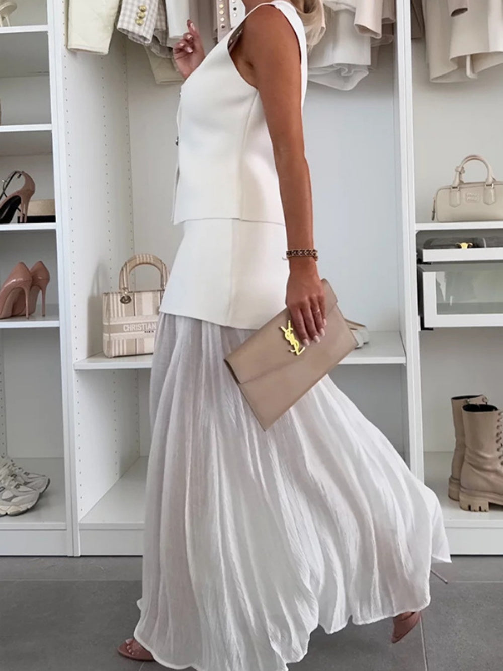 Knitted vest tulle patchwork pleated long skirt suit