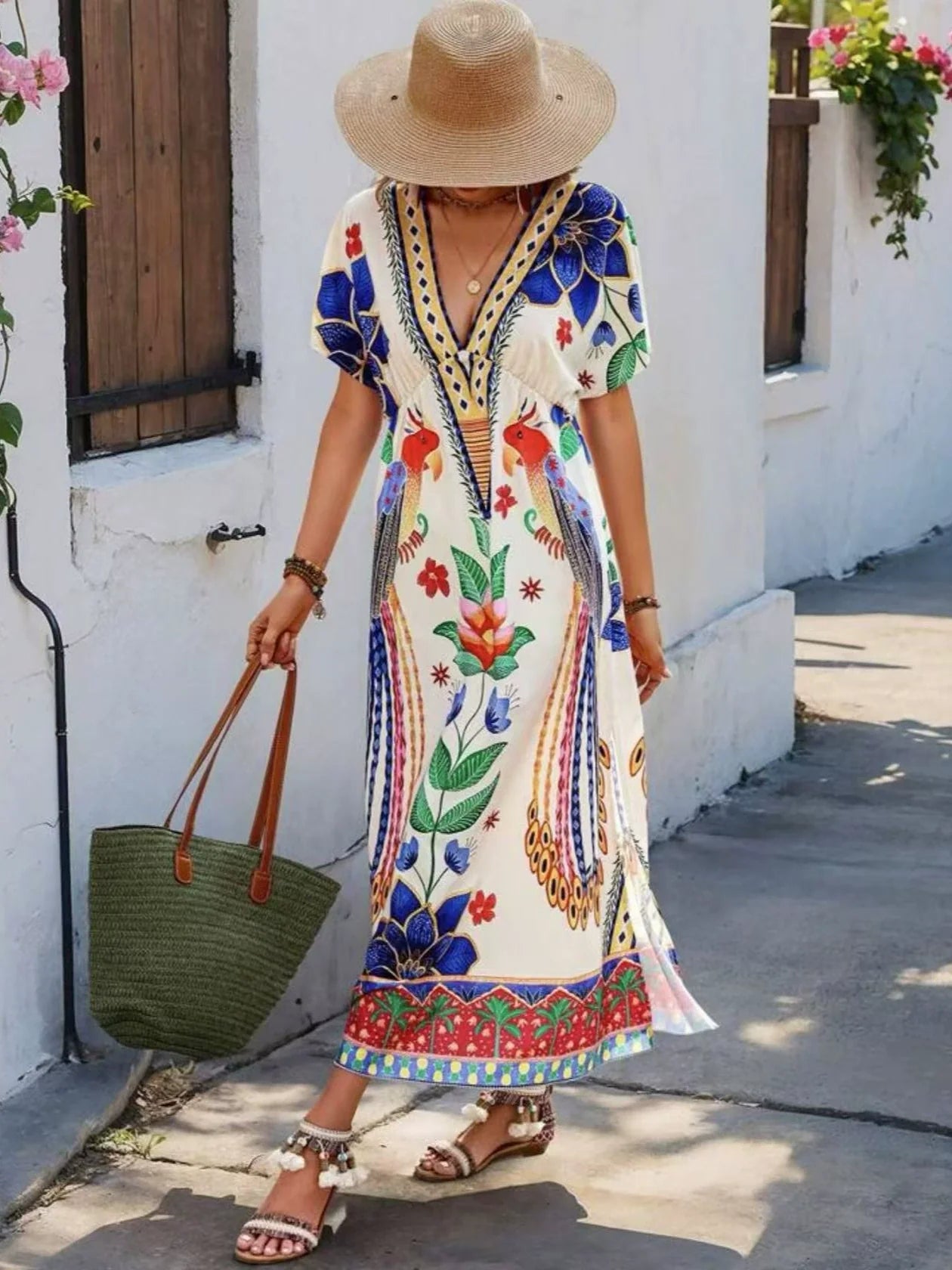 V-neck printed loose short-sleeved maxi dress