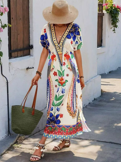 V-neck printed loose short-sleeved maxi dress