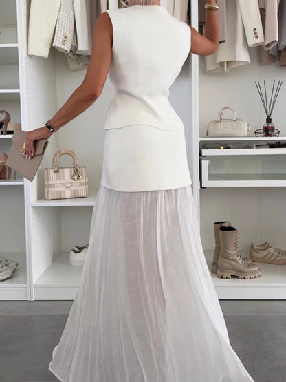 Knitted vest tulle patchwork pleated long skirt suit