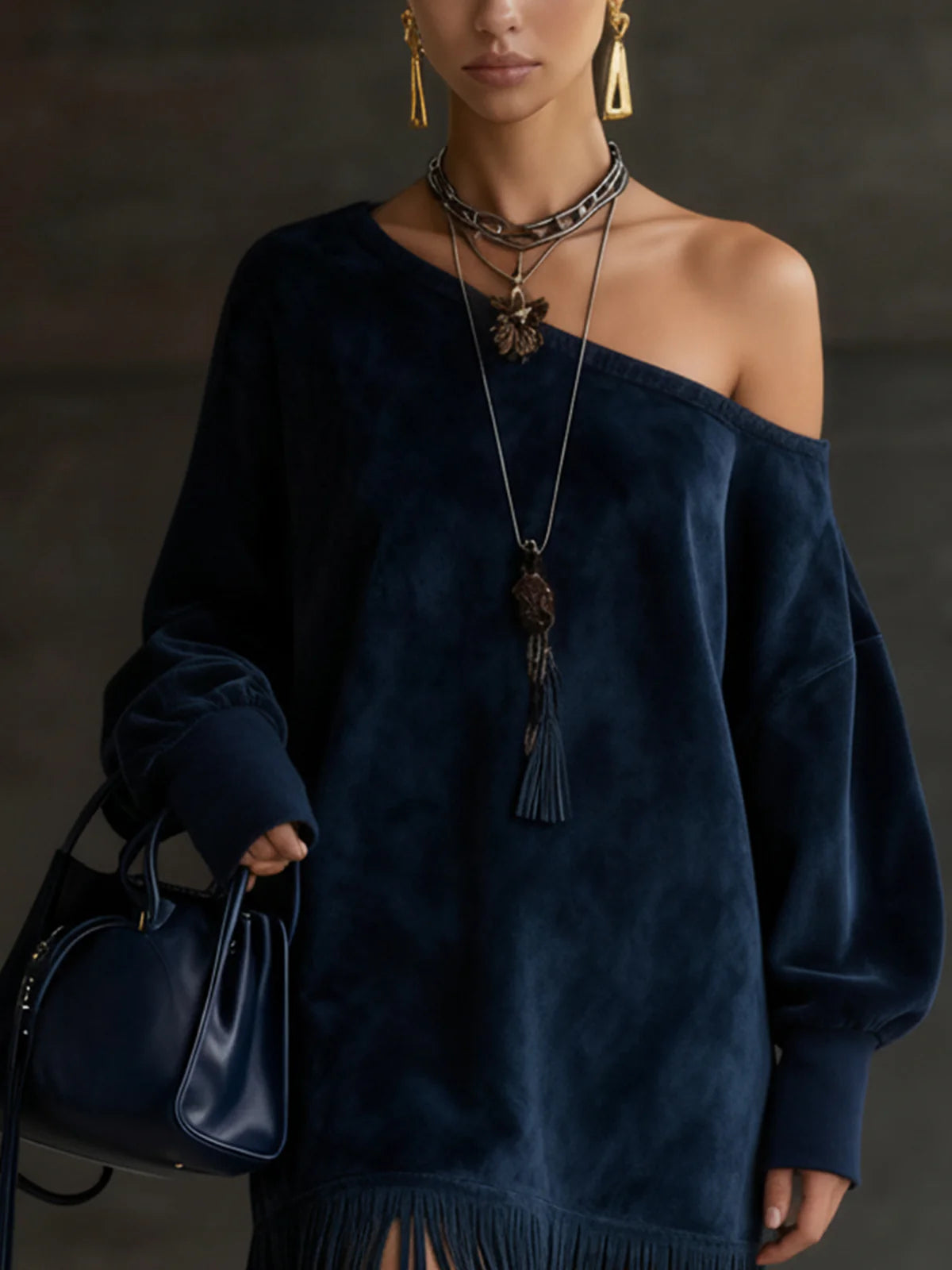 Off-Shoulder Navy Faux Suede Dress With Fringe Hem