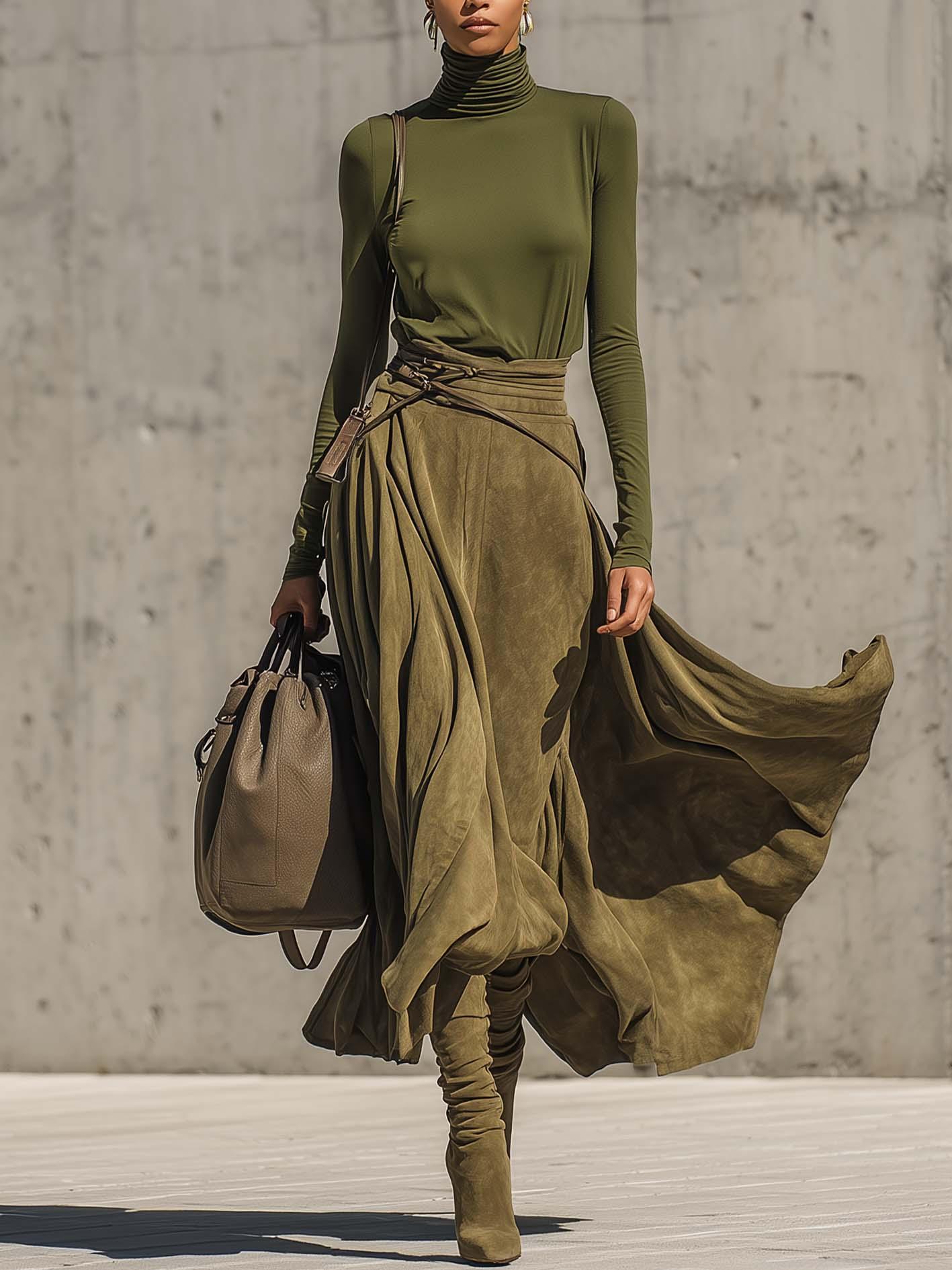 Olive Green Stretch Turtleneck Top And Faux Suede Maxi Skirt Set（Includes belt） - NuaVibe