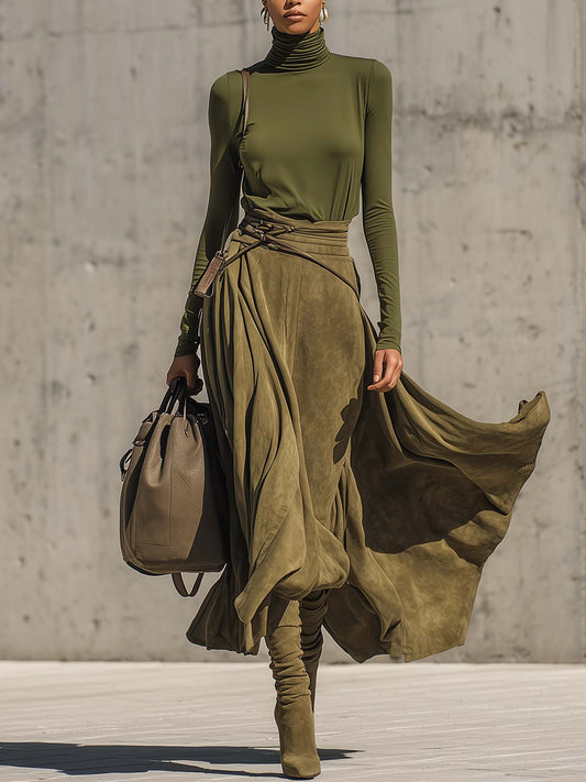 Olive Green Stretch Turtleneck Top And Faux Suede Maxi Skirt Set（Includes belt）
