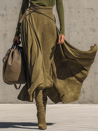 Olive Green Stretch Turtleneck Top And Faux Suede Maxi Skirt Set（Includes belt） - NuaVibe