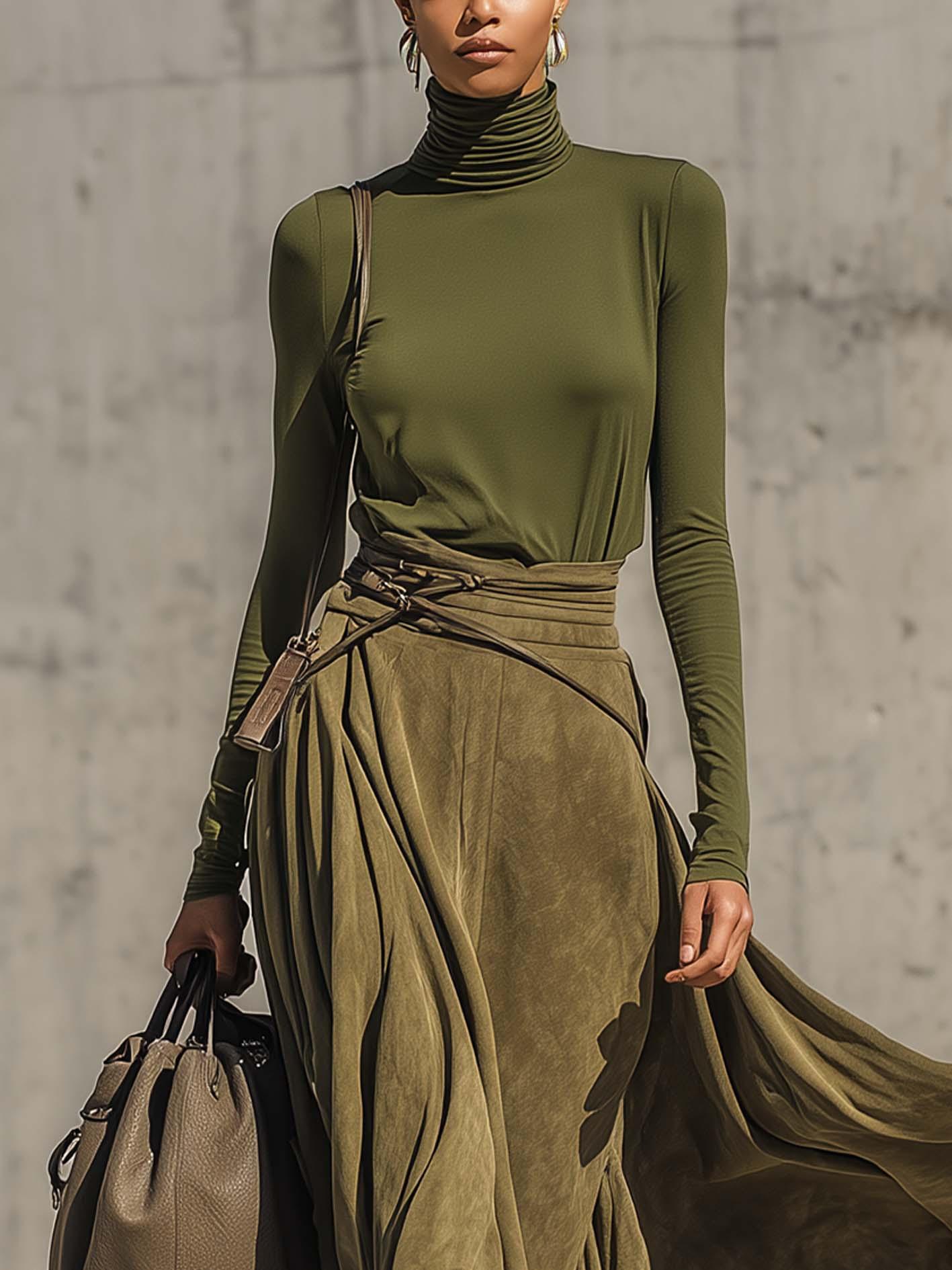 Olive Green Stretch Turtleneck Top And Faux Suede Maxi Skirt Set（Includes belt） - NuaVibe
