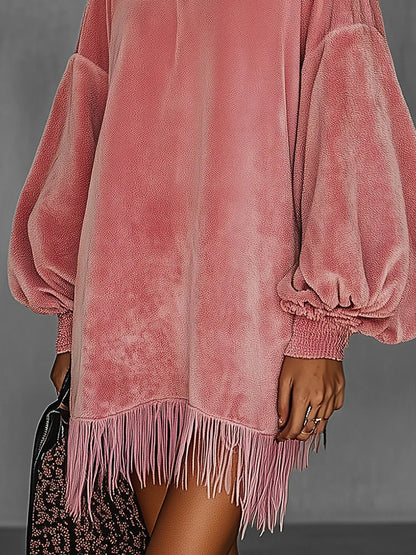 Oversized Pink Fringe Crew Neck Velvet Dress - NuaVibe