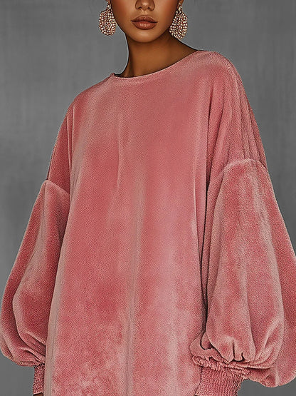 Oversized Pink Fringe Crew Neck Velvet Dress - NuaVibe