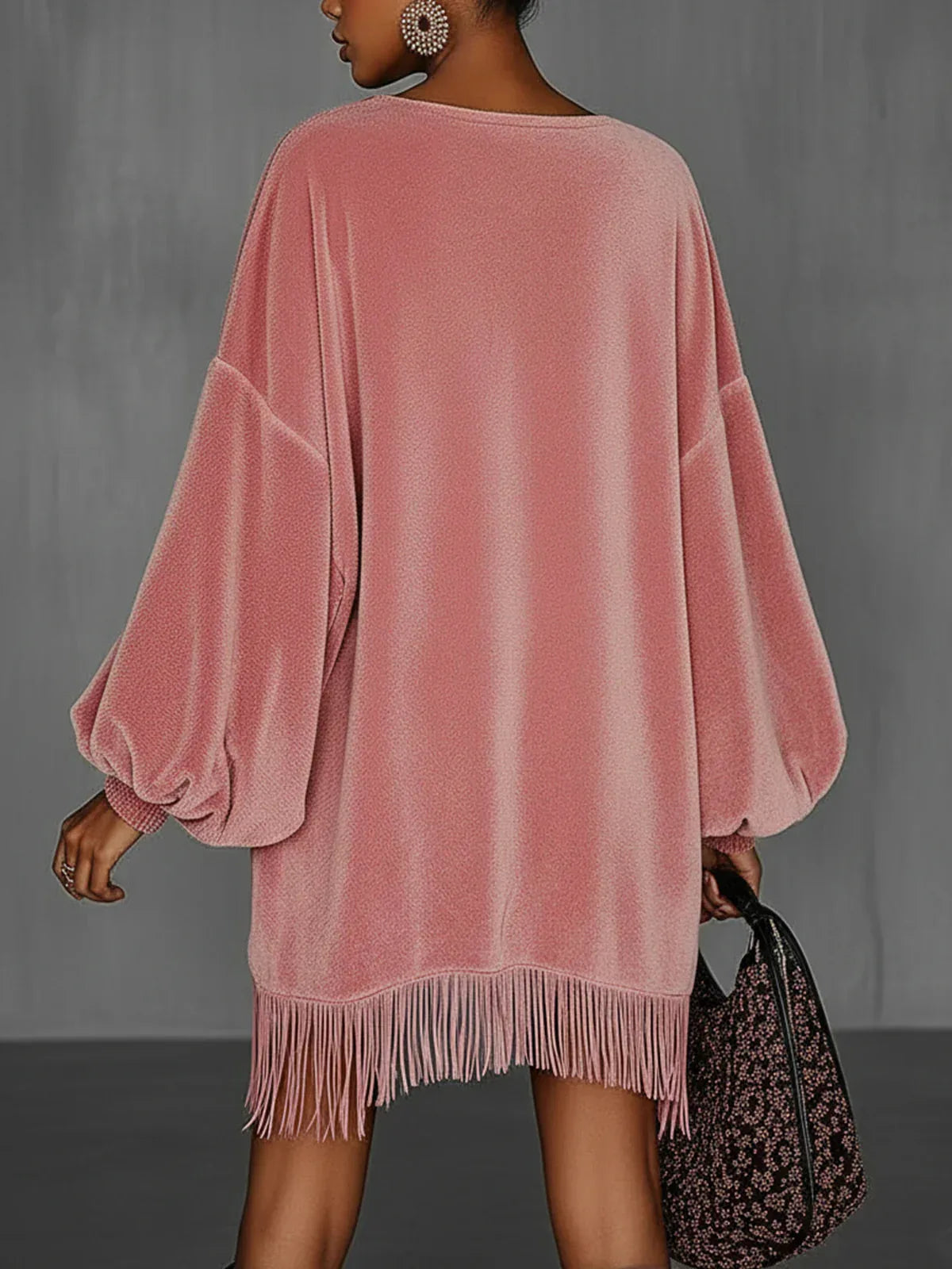 Oversized Pink Fringe Crew Neck Velvet Dress - NuaVibe