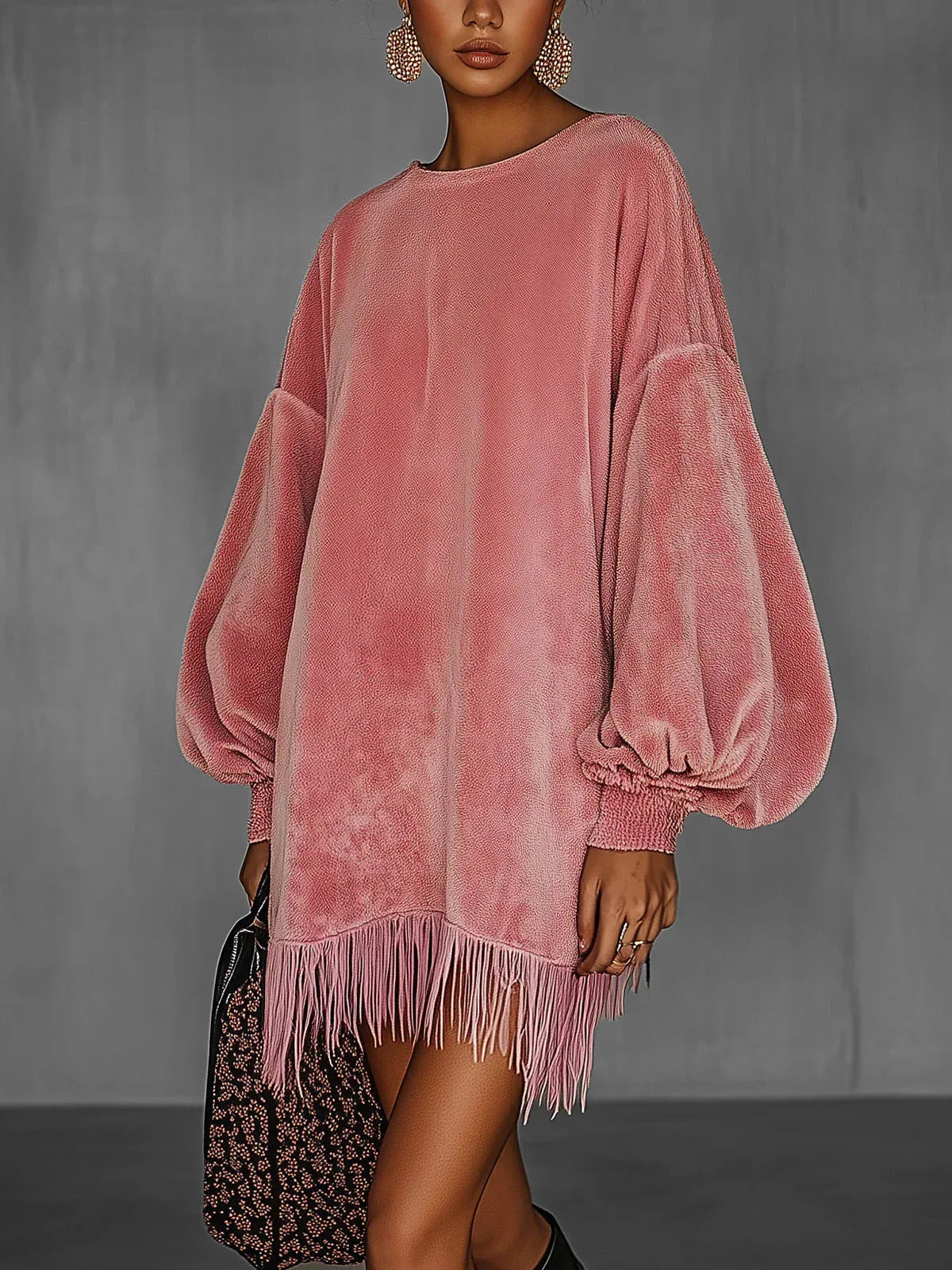 Oversized Pink Fringe Crew Neck Velvet Dress - NuaVibe