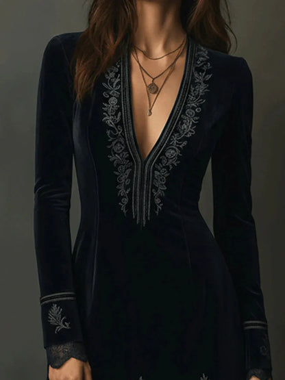 Retro Black Velvet Embroidered Lace Trim Mini Dress - NuaVibe