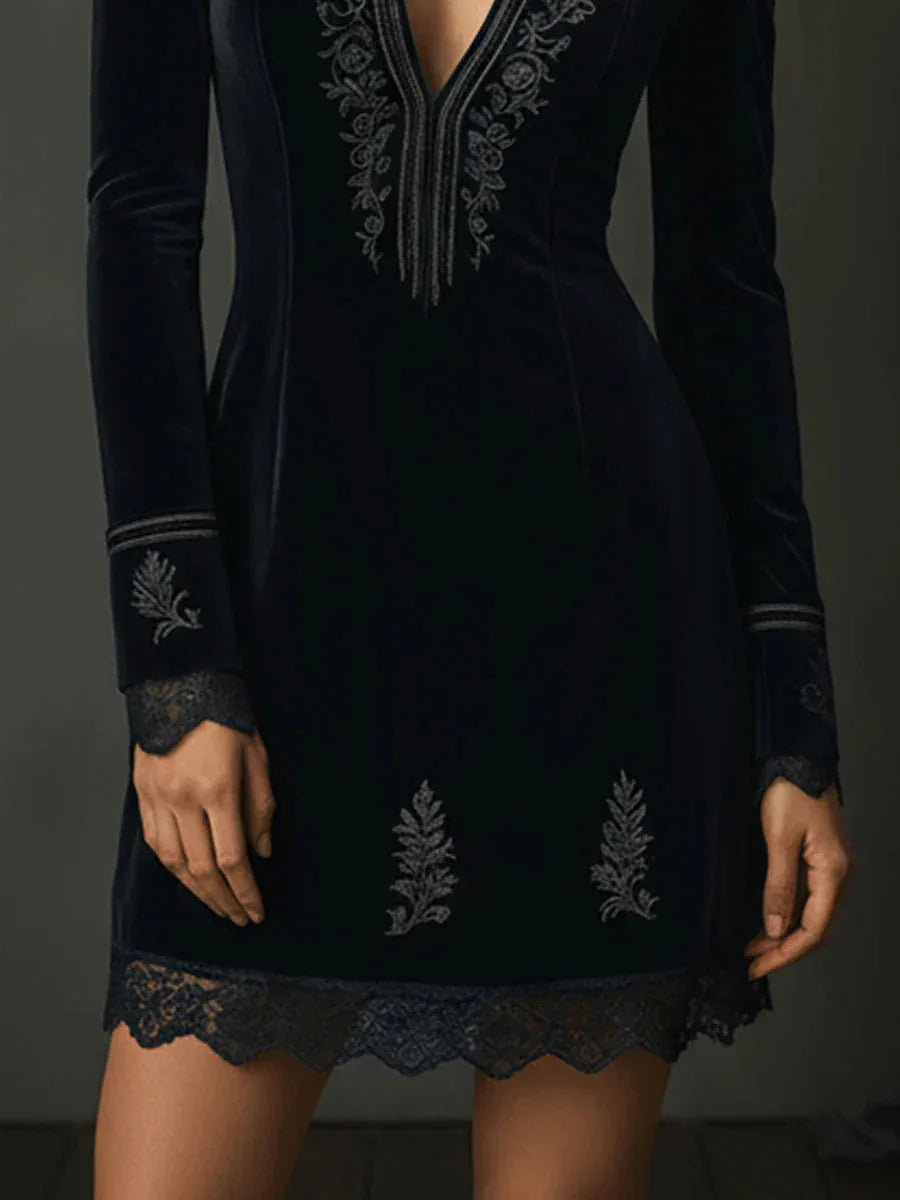 Retro Black Velvet Embroidered Lace Trim Mini Dress - NuaVibe