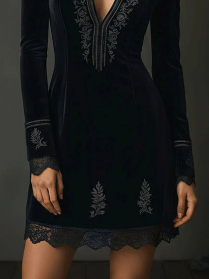 Retro Black Velvet Embroidered Lace Trim Mini Dress - NuaVibe