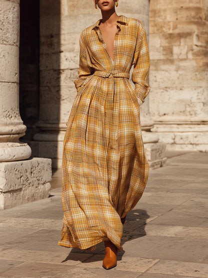 Retro Bohemian Fine Plaid Print Maxi Dress With Belt
