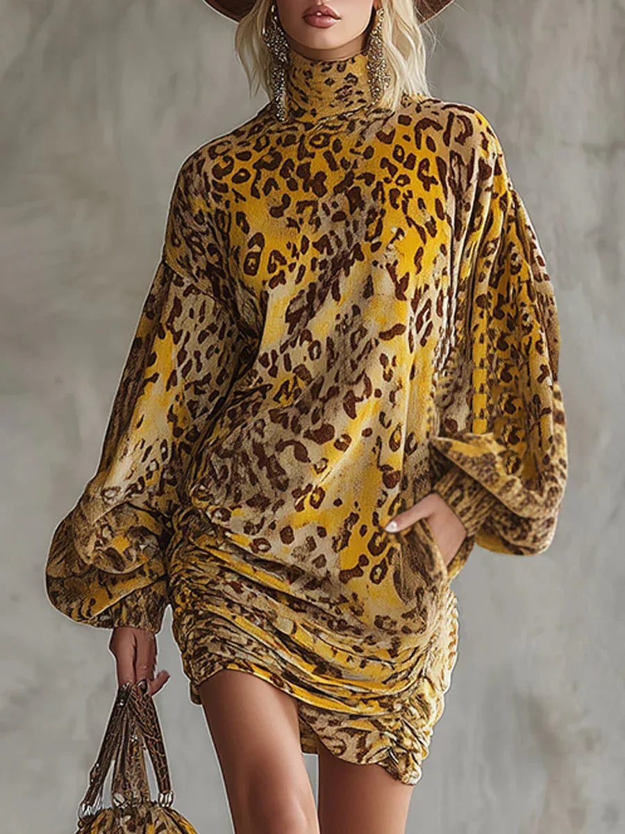 Retro loose-fitting yellow leopard print velvet mini dress - NuaVibe