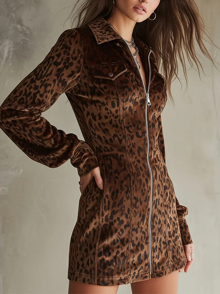 Retro Velvet Leopard Print Lantern Sleeve Mini Dress - NuaVibe