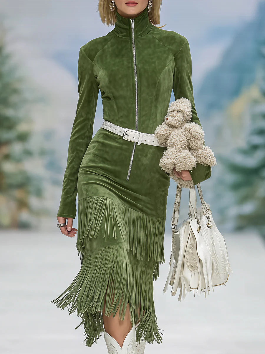 Green faux suede stand-up collar zipper tassel dress（Includes belt）