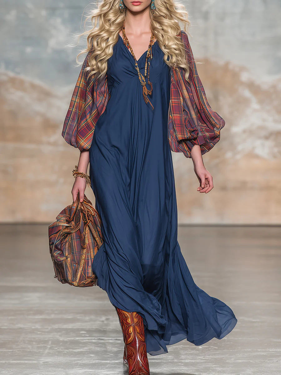 Retro Western style red plaid sleeve patchwork blue maxi dress