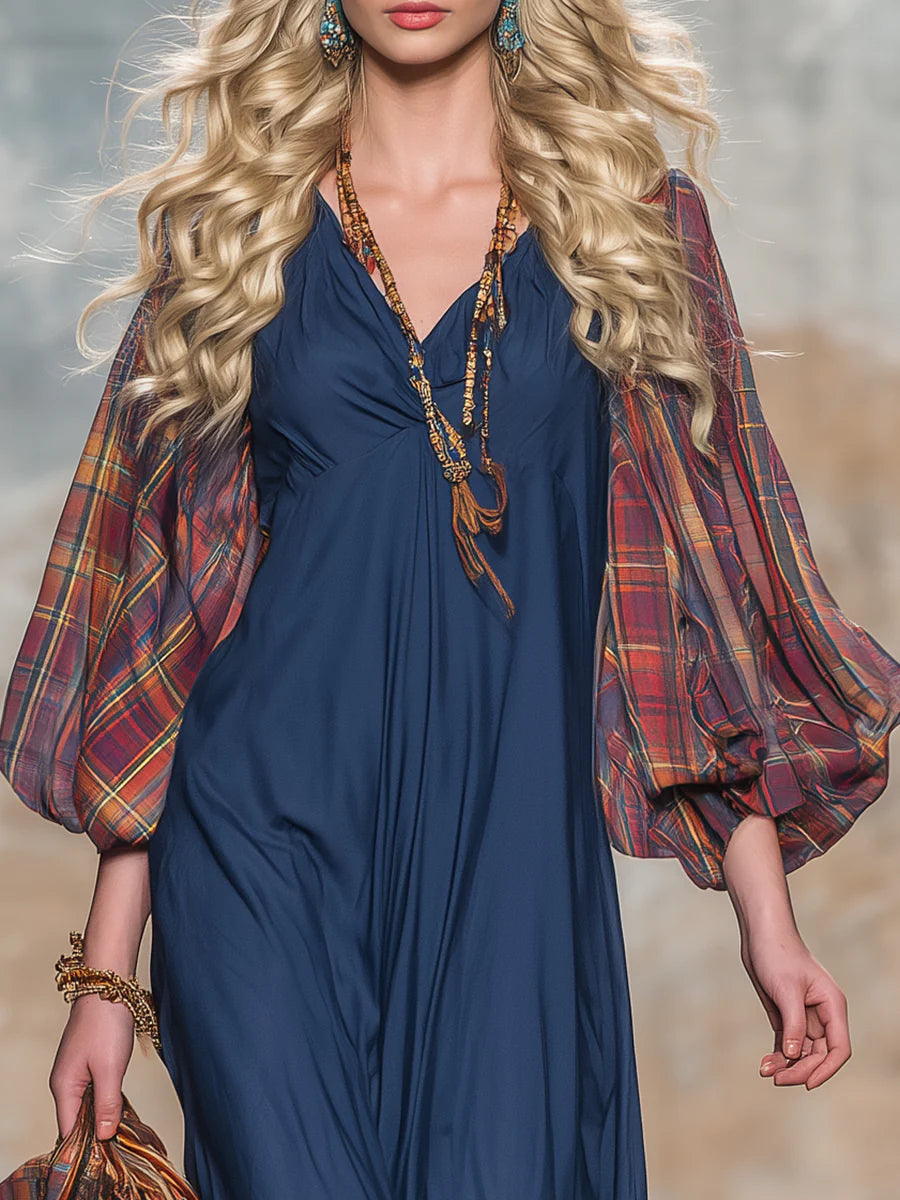 Retro Western style red plaid sleeve patchwork blue maxi dress