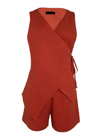 Linen Sleeveless V-neck Top and Loose Shorts Set