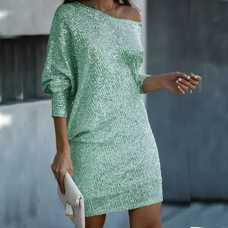 Elegant Sequined Off-shoulder Mini Dress - NuaVibe