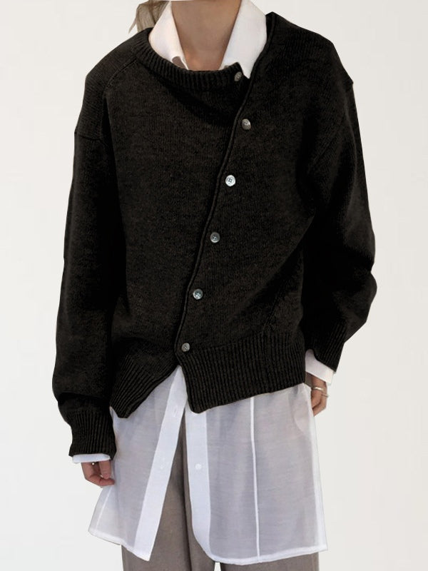 Slanted button irregular design lazy style sweater