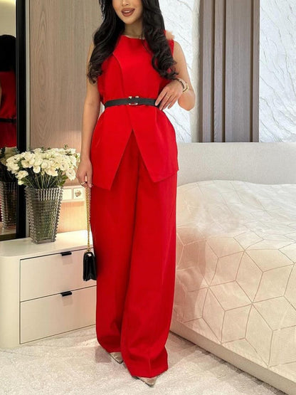 Round neck sleeveless top and wide-leg pants suit